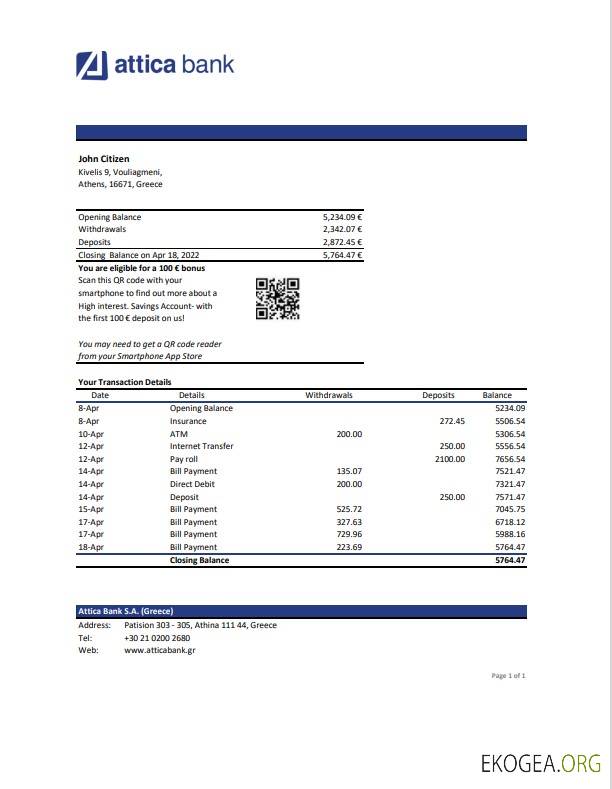 Modèle de relevé bancaire Grèce Attique, format Excel et PDF